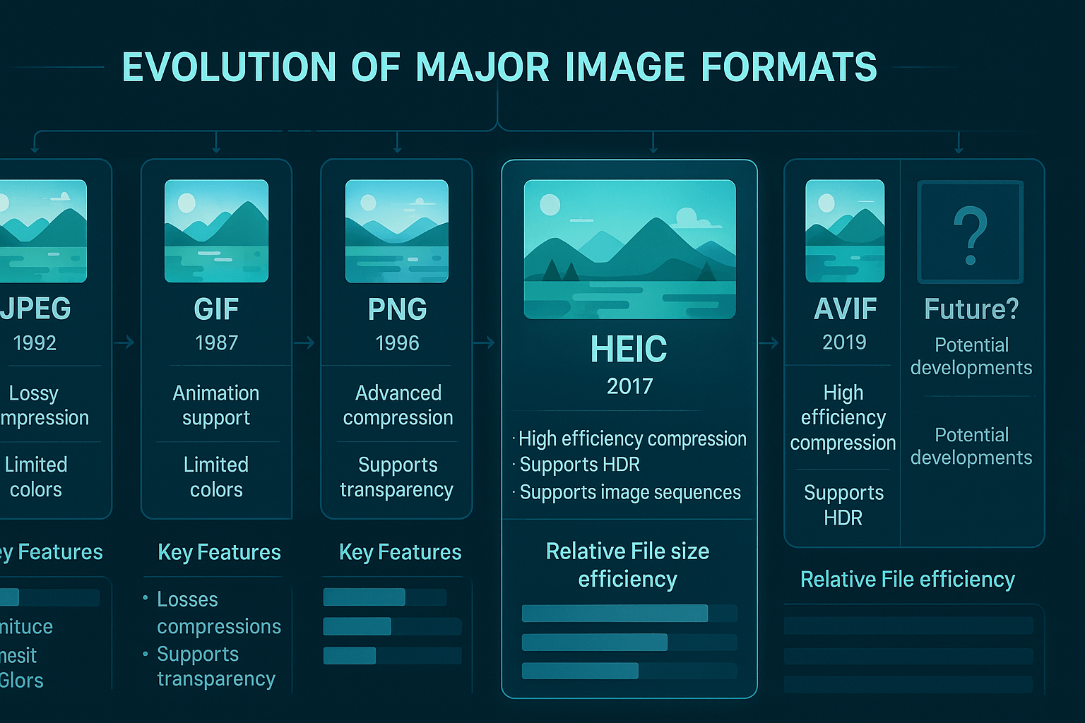 Infographic timeline showing the evolution of image formats from JPEG (1992) to AVIF and beyond, highlighting HEIC (2017) with key features like high efficiency compression and HDR support. Each format includes an icon, year, and file efficiency bar on a dark tech-themed background.