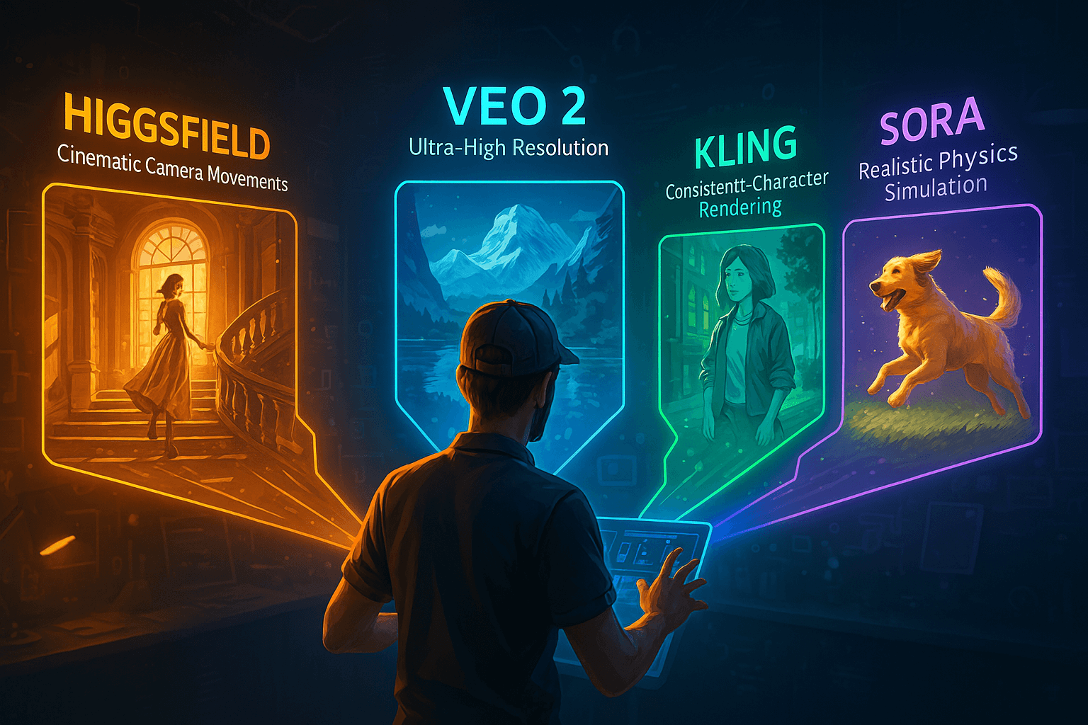 A digital illustration of a filmmaker using a holographic interface that splits into four color-coded streams, each representing an AI video model: Higgsfield (amber, cinematic camera), Veo 2 (blue, ultra-high resolution), Kling (green, consistent characters), and Sora (purple, realistic physics), set in a futuristic creative studio.