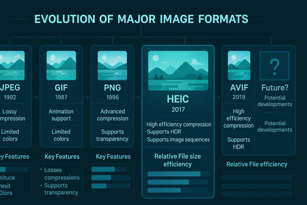 Infographic timeline showing the evolution of image formats from JPEG (1992) to AVIF and beyond, highlighting HEIC (2017) with key features like high efficiency compression and HDR support. Each format includes an icon, year, and file efficiency bar on a dark tech-themed background.