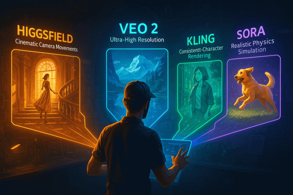 A digital illustration of a filmmaker using a holographic interface that splits into four color-coded streams, each representing an AI video model: Higgsfield (amber, cinematic camera), Veo 2 (blue, ultra-high resolution), Kling (green, consistent characters), and Sora (purple, realistic physics), set in a futuristic creative studio.